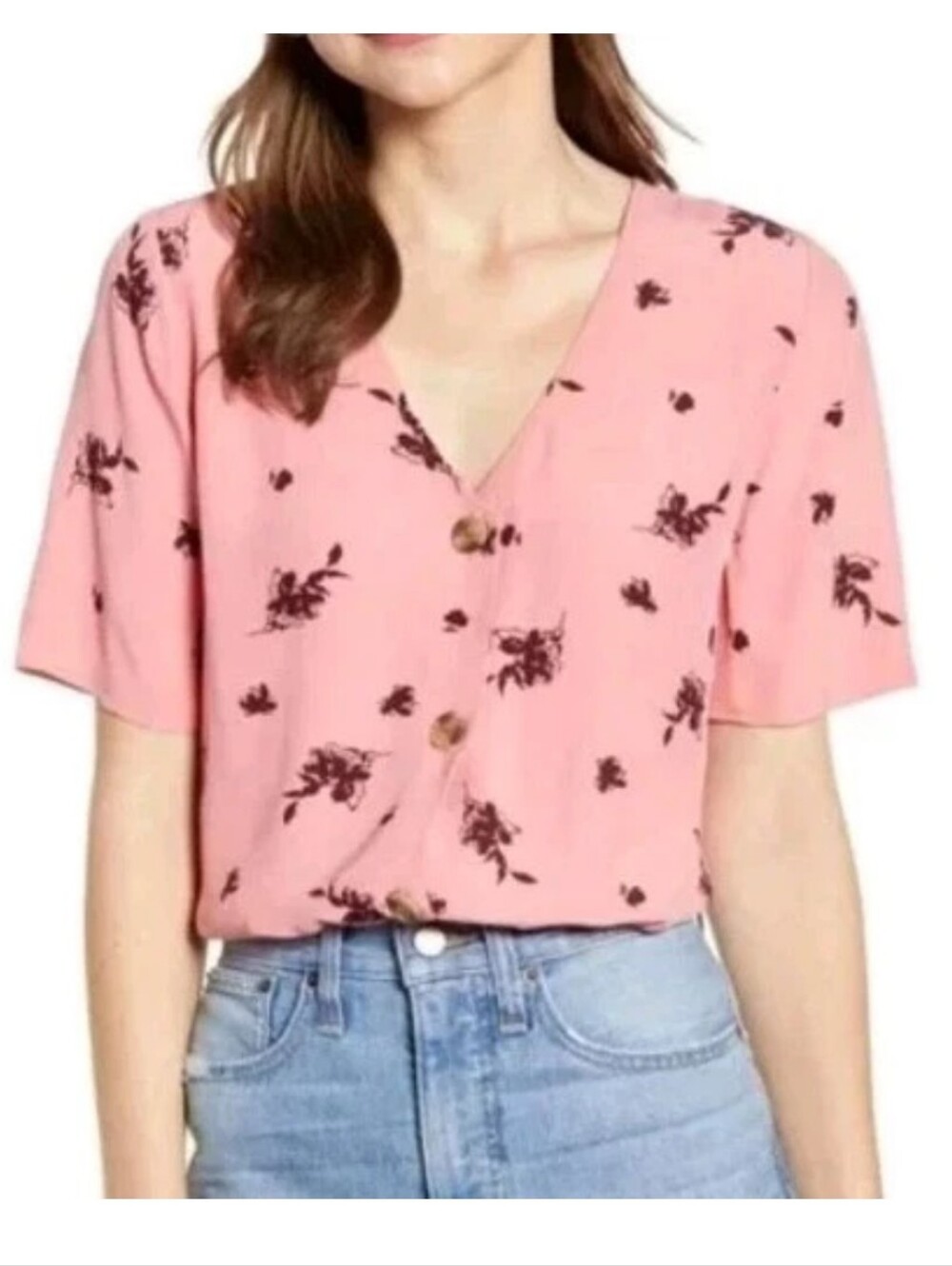 Something Navy V-Neck Blouse Sz S Pink Floral Button Cottagecore Boho Artsy Nwot